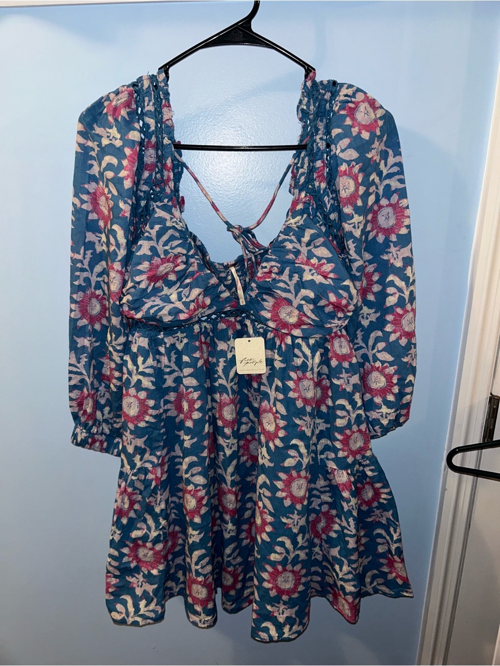 Blue Floral Babydoll Dress with Pink & Cream Flowers